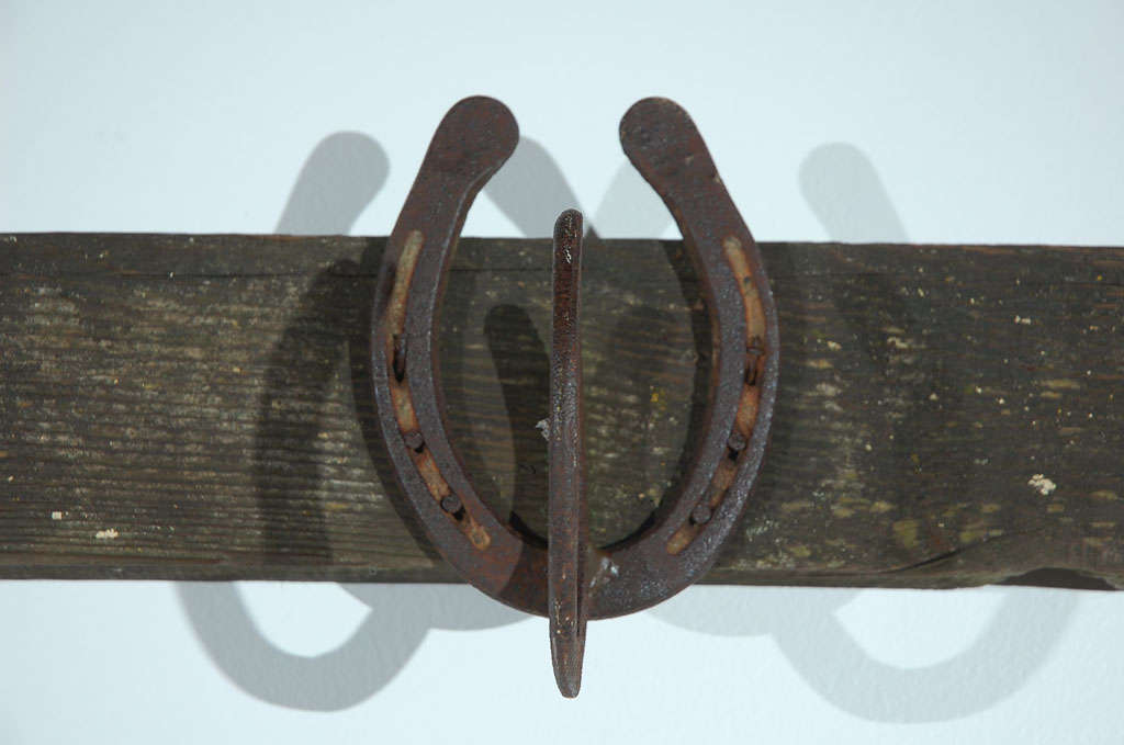 American Early 20th Century Folky Handmade Horseshoe and Wood Coat and Hat Rack