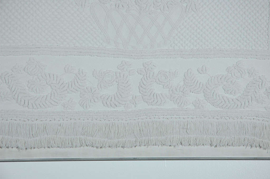 Hand-Crafted 19th Century Trapunto and Early Candlewick Fringed Sham Mounted in Plexy For Sale
