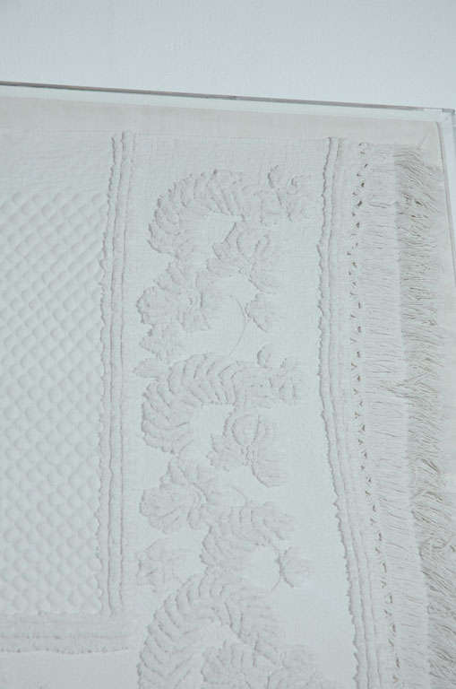 Cotton 19th Century Trapunto and Early Candlewick Fringed Sham Mounted in Plexy For Sale