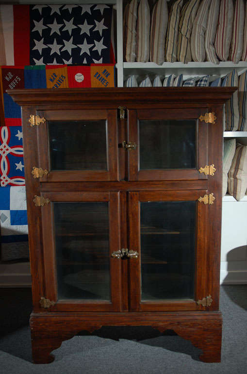 American Rare 19thc Tall Four Original Double Glass Door Ice Box On Feet