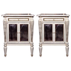 Used Pair White Painted Marble-Top End Tables Distressed Mirrored Cabinets by Jansen