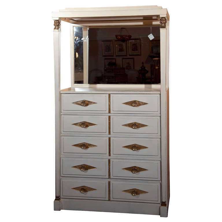 Grosfeld House, French Empire Tall Dresser, Wood Painted White, Gold Gilt, 1960s For Sale