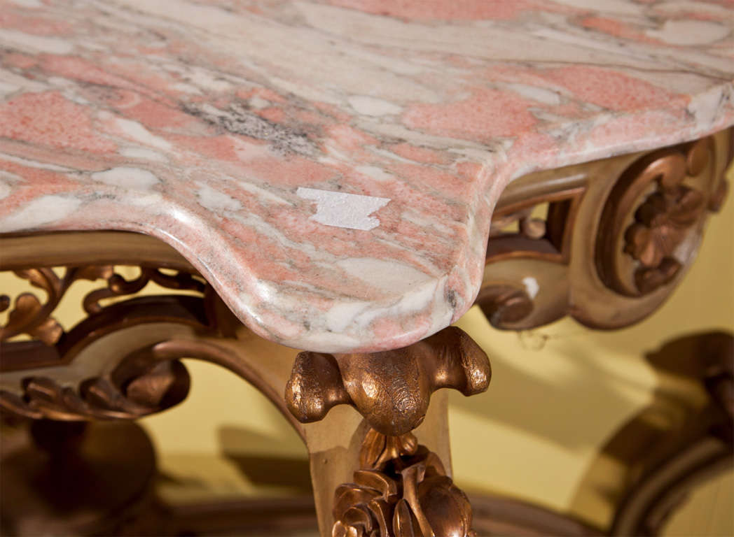 Wood French Rococo Style Marble Top Console Table