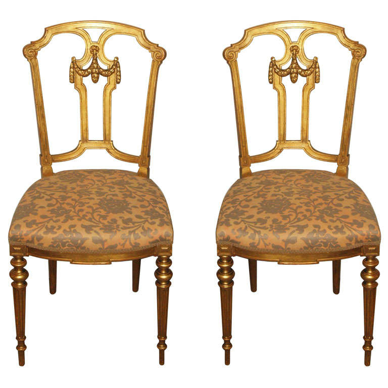Pair 19th c. Gilded Louis XVI Chairs with Venetian fabric
