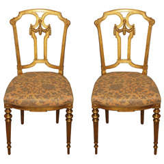 Antique Pair 19th c. Gilded Louis XVI Chairs with Venetian fabric