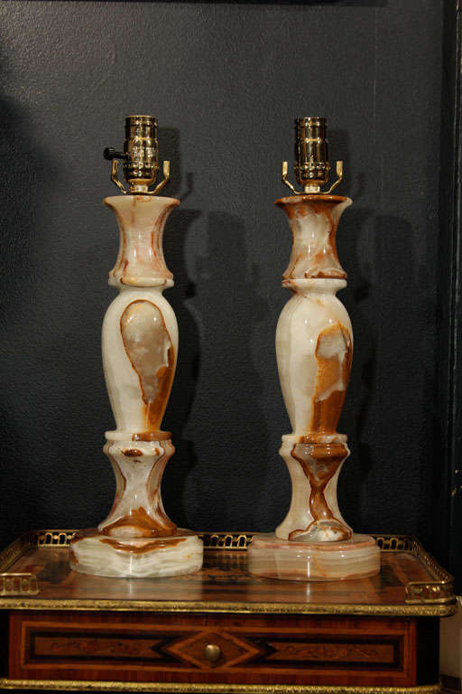 Pair of Onyx lamps. Height given is with shade and finial.

OFFERED AT THIS 50% OFF PRICE FOR NOVEMBER 2015 ONLY!