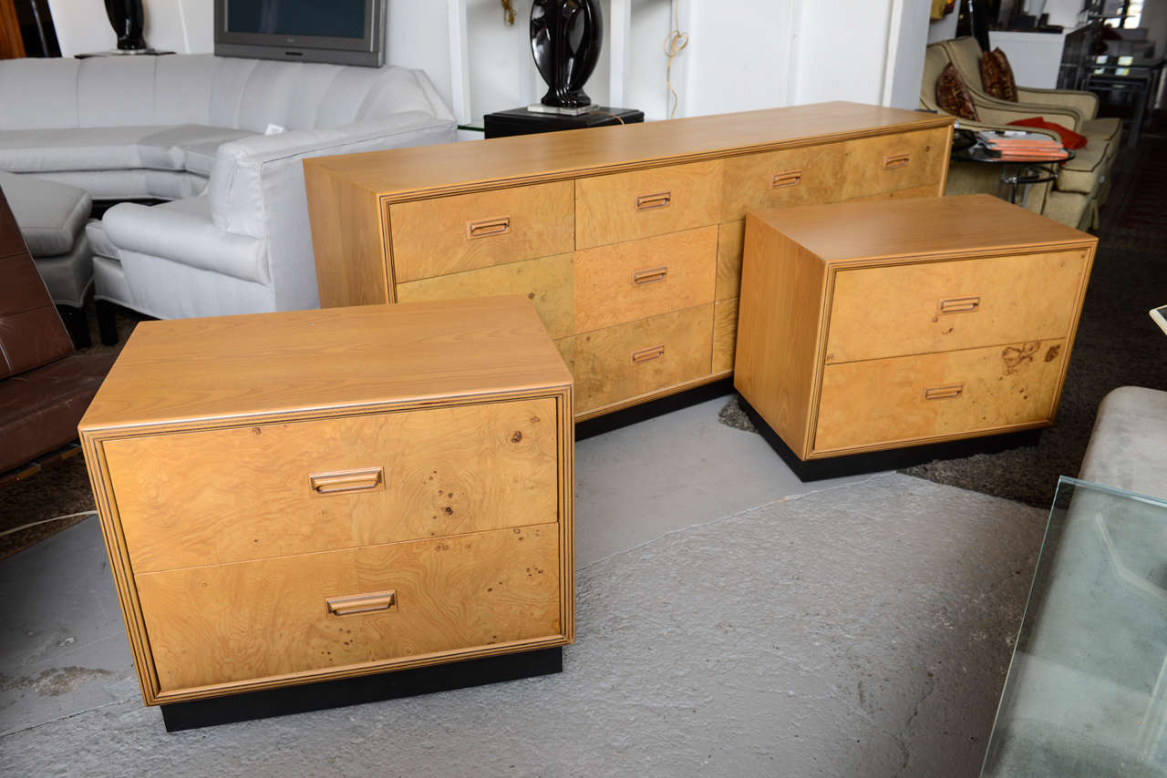 Beautiful Henredon burlwood dresser and nightstands.  Perfectly refurbished. These items are priced as a set, but can be broken up, on request.