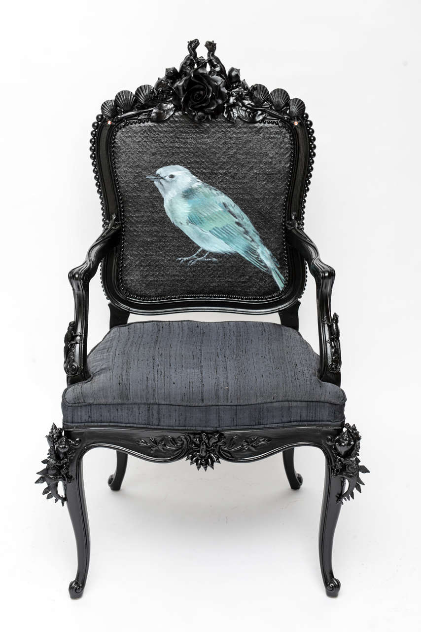 Vintage black lacquered chair customized by artist Melissa del Pinto.