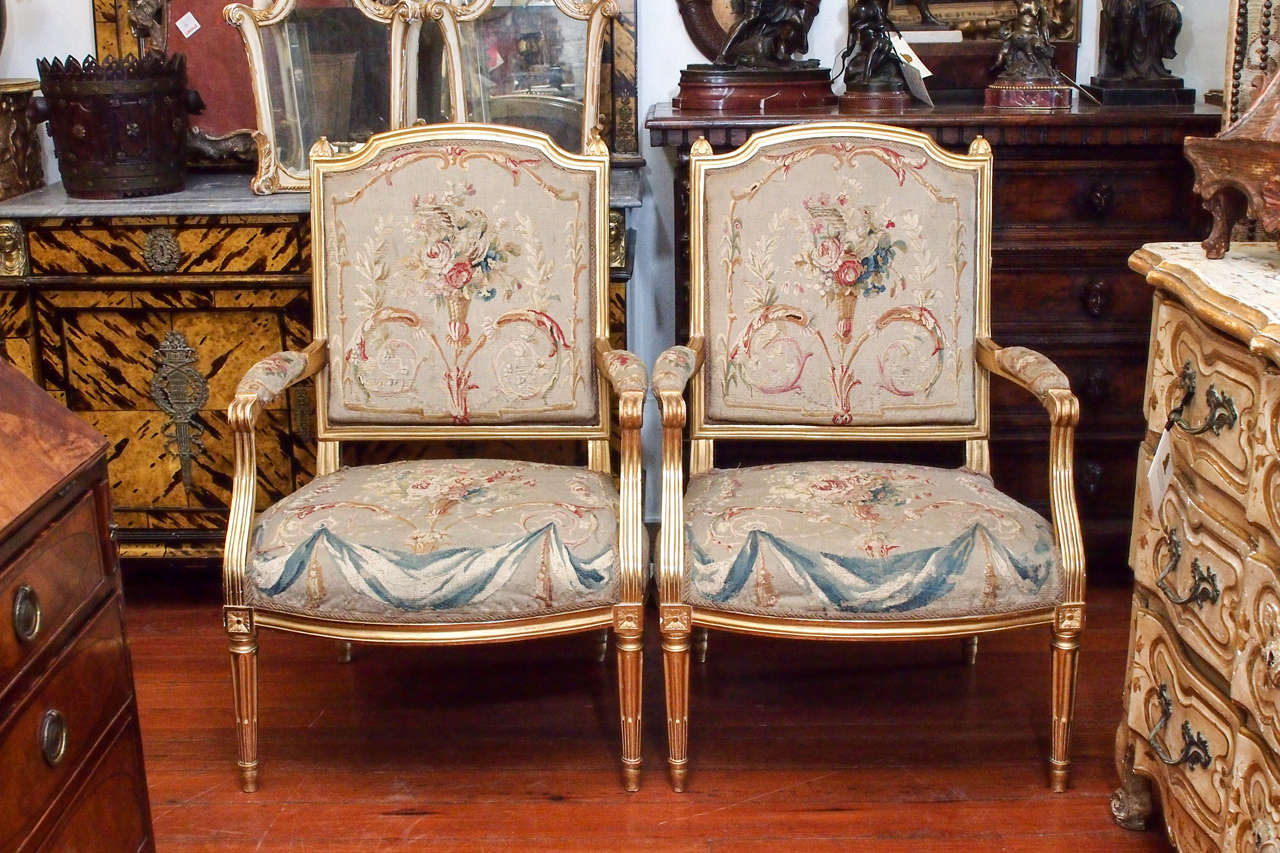 French Louis XVI Gilt Wood Fauteuil with Abusson Covering in Immaculate condition.