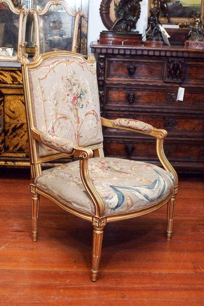 French Pair of Louis XVI Gilt Wood Fauteuil with Aubusson Covering