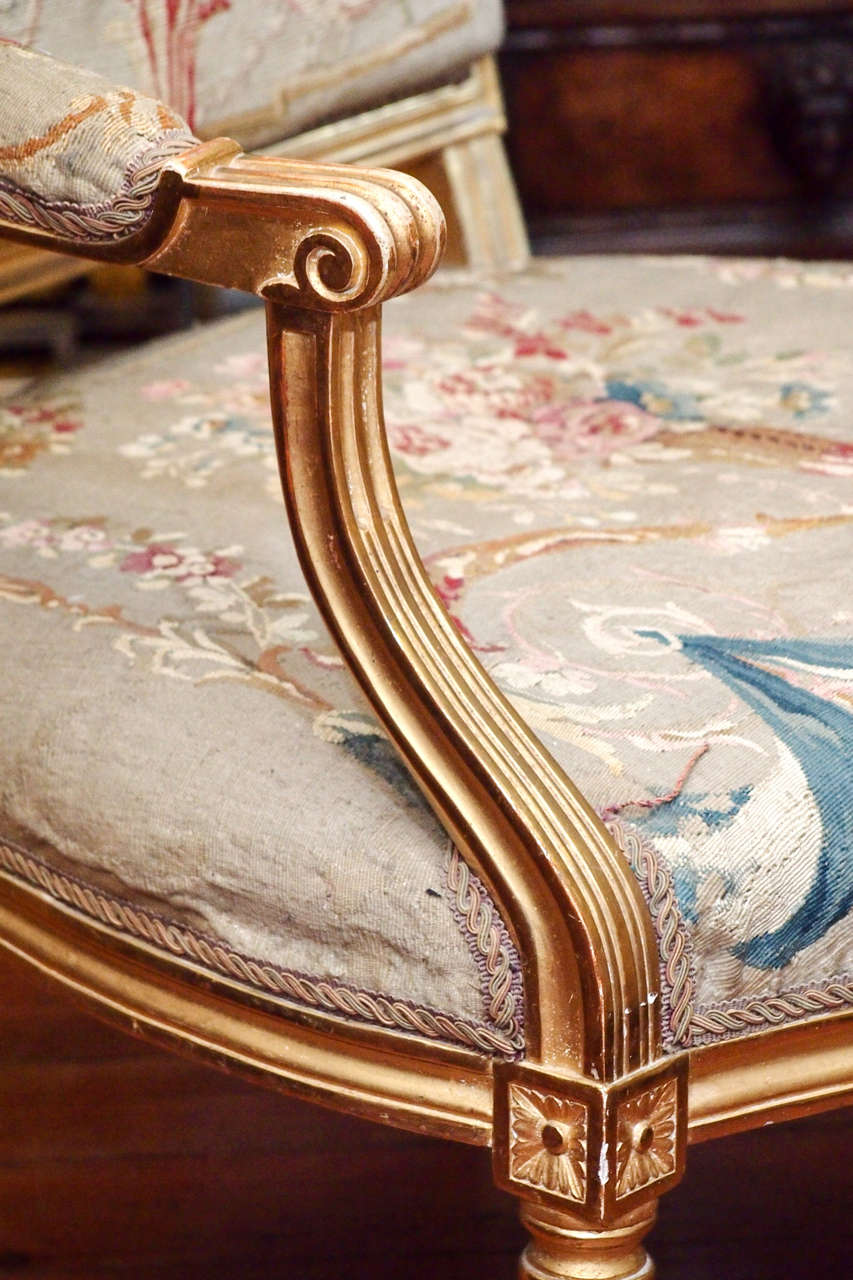 Pair of Louis XVI Gilt Wood Fauteuil with Aubusson Covering In Excellent Condition In Natchez, MS