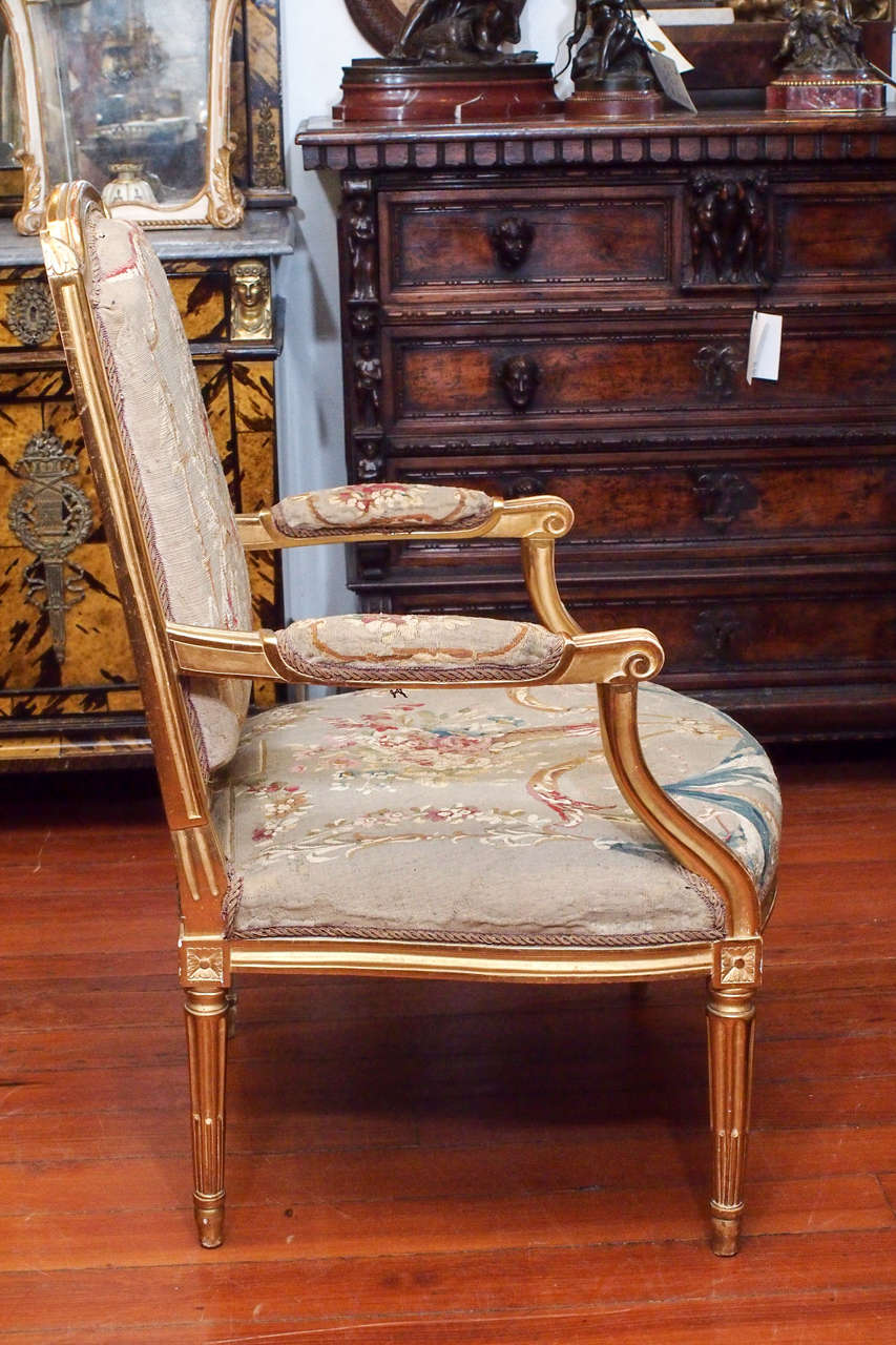 Giltwood Pair of Louis XVI Gilt Wood Fauteuil with Aubusson Covering