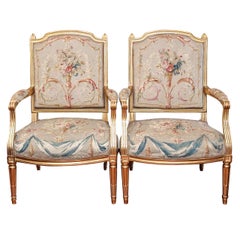 Pair of Louis XVI Gilt Wood Fauteuil with Aubusson Covering