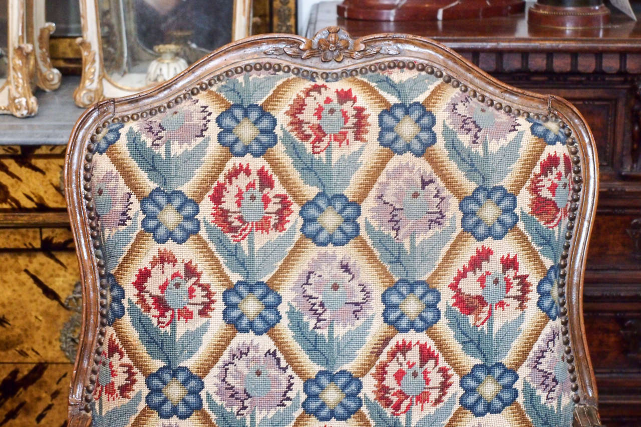 French Pair of Period Louis XV Walnut Bergere with Needlepoint Upholstery