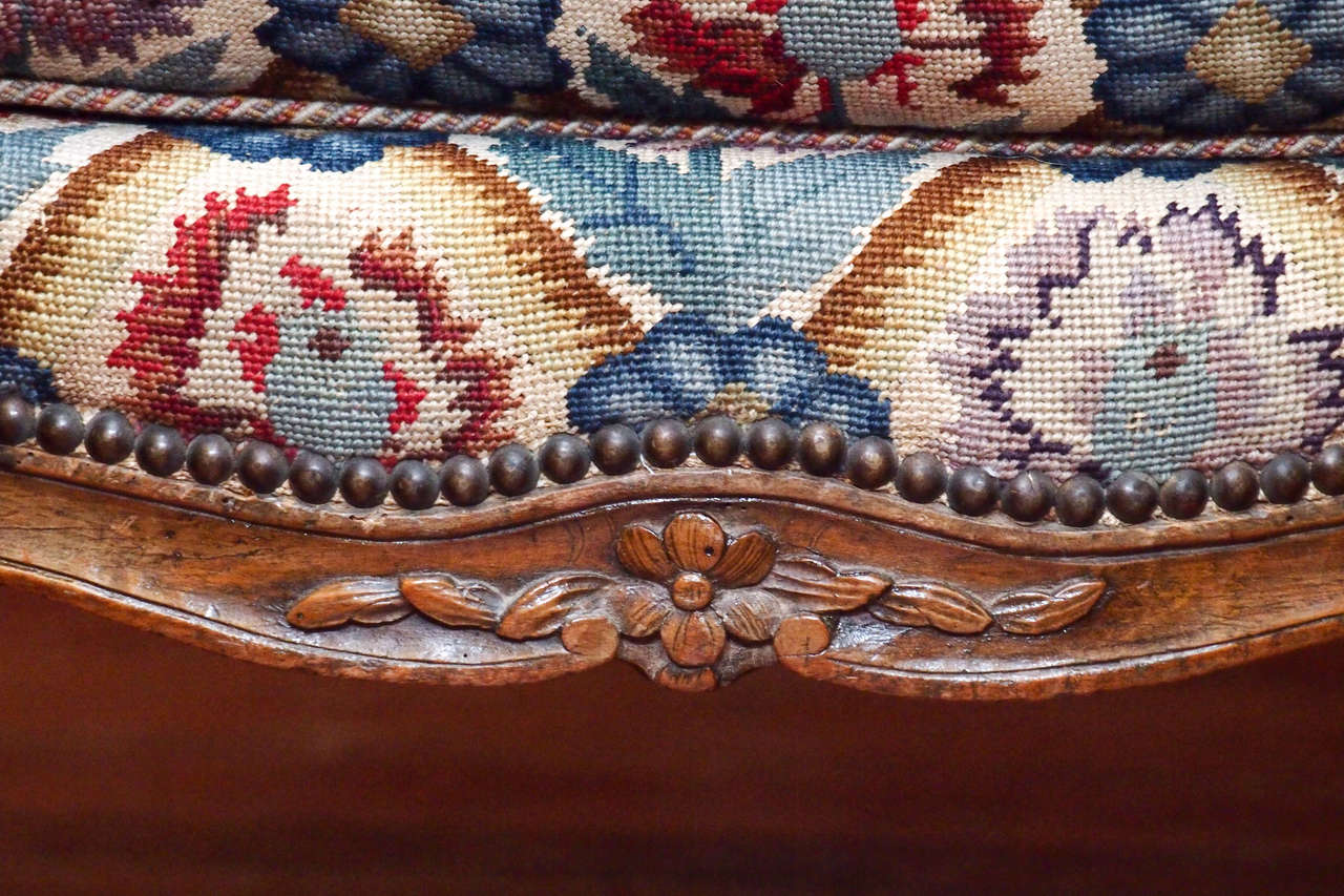 18th Century and Earlier Pair of Period Louis XV Walnut Bergere with Needlepoint Upholstery