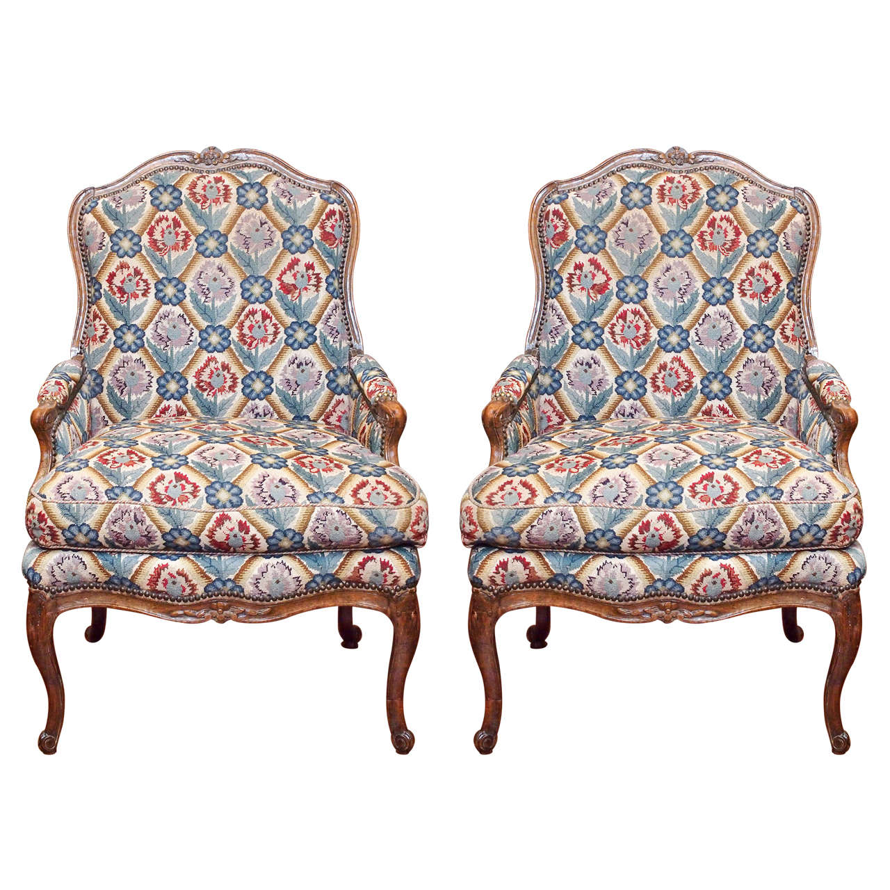 Pair of Period Louis XV Walnut Bergere with Needlepoint Upholstery