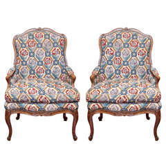 Pair of Period Louis XV Walnut Bergere with Needlepoint Upholstery