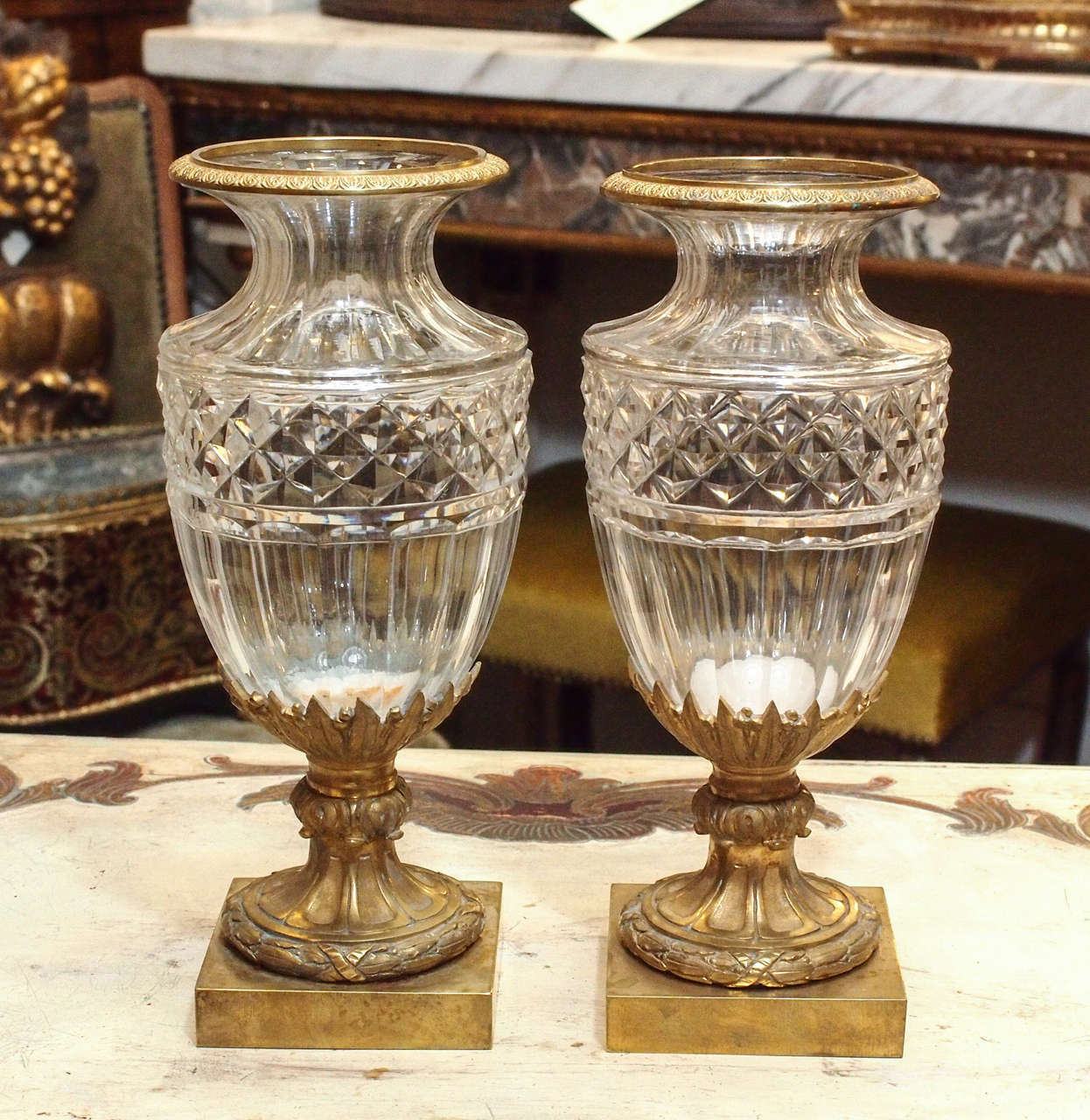 Pair of Cut Crystal Baccarat Vases with Gilt Bronze Mounts.
