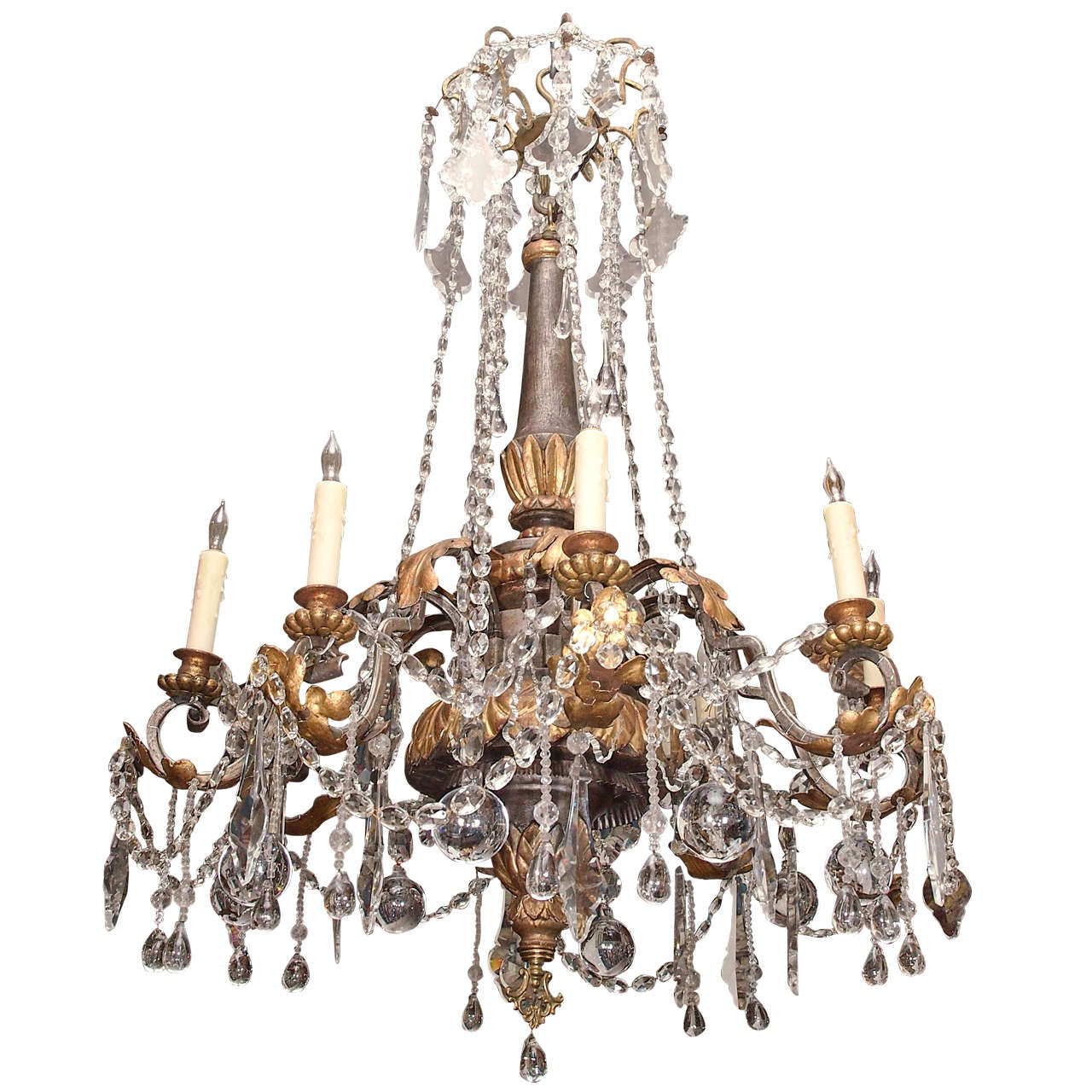 Italian  18th Two Tiered Gilt wood, Iron and Crystal Chandelier