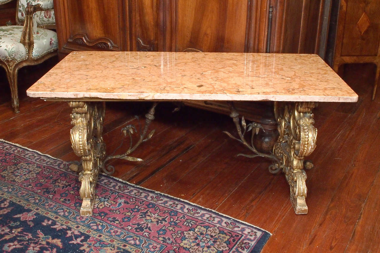 Late 17th c. Carved Gilt Wood with Iron Supports Bench base now with Marble top to use as a Cocktail  table