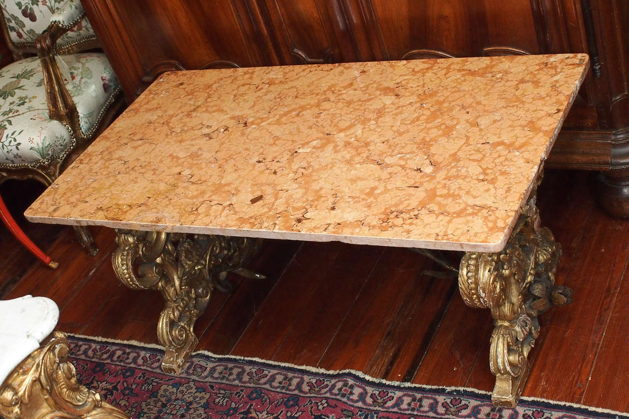 Baroque Late 17th Gilt Wood Bench With Iron Supports Now With Marble Top For Sale