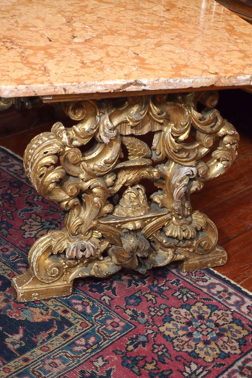 Italian Late 17th Gilt Wood Bench With Iron Supports Now With Marble Top For Sale