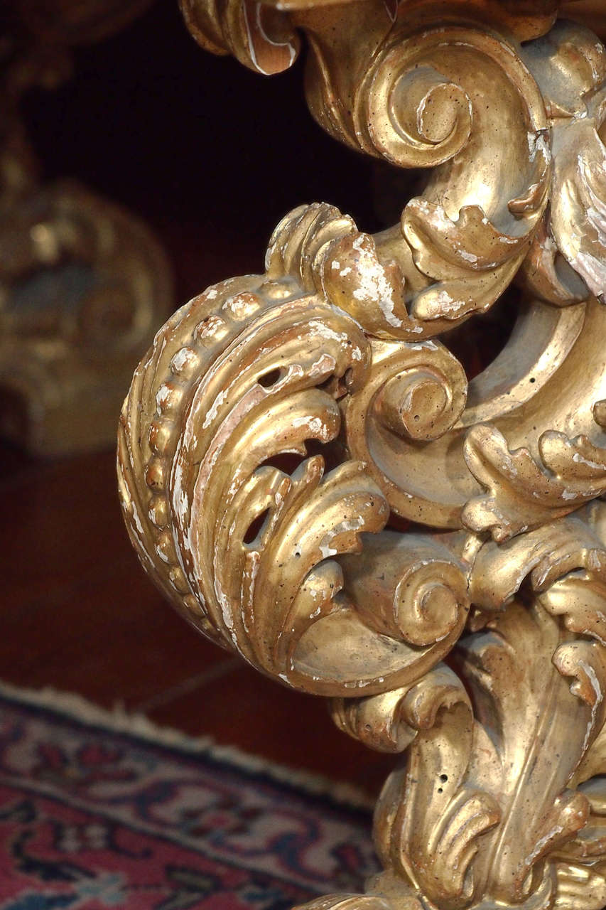 18th Century and Earlier Late 17th Gilt Wood Bench With Iron Supports Now With Marble Top For Sale