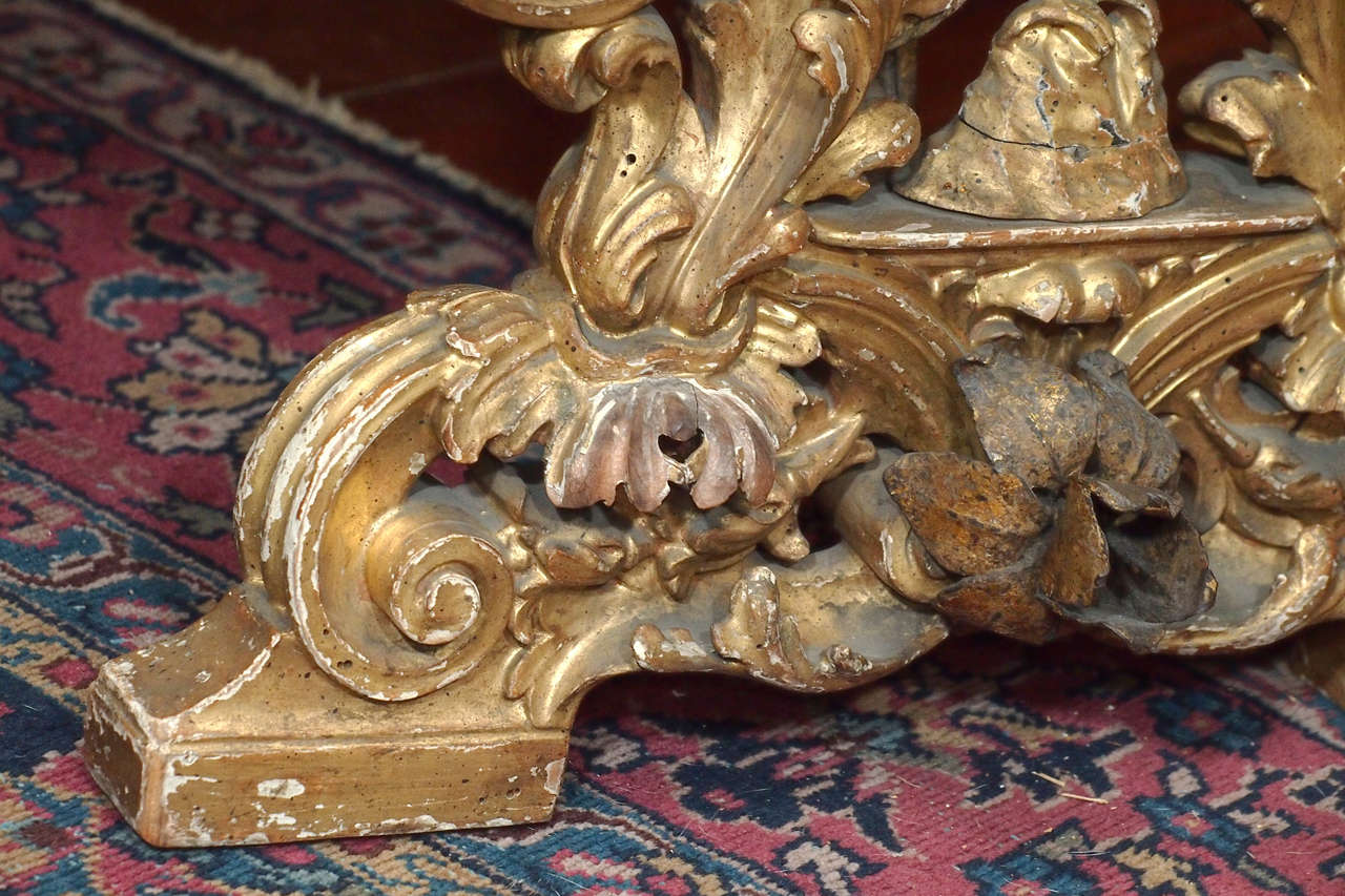 Giltwood Late 17th Gilt Wood Bench With Iron Supports Now With Marble Top For Sale