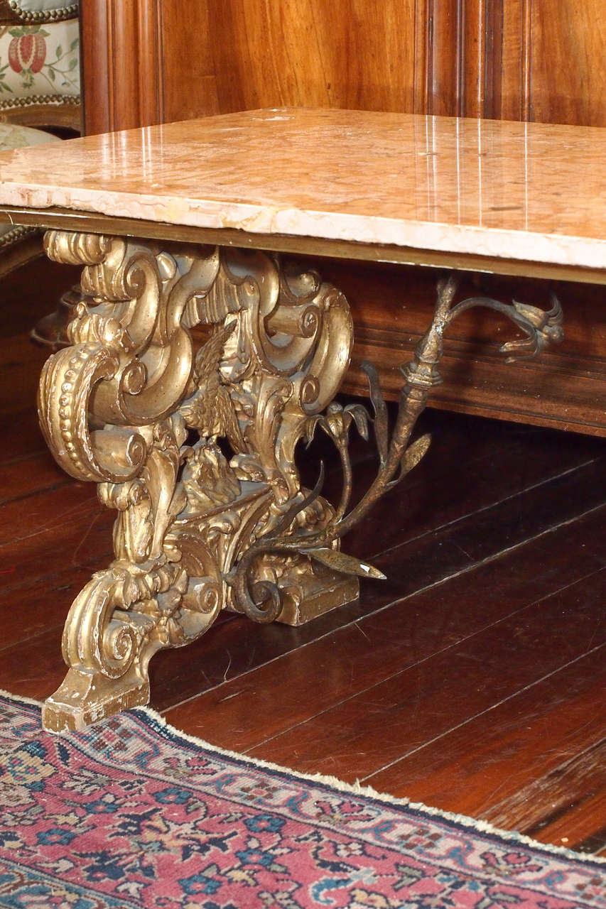 Late 17th Gilt Wood Bench With Iron Supports Now With Marble Top For Sale 2