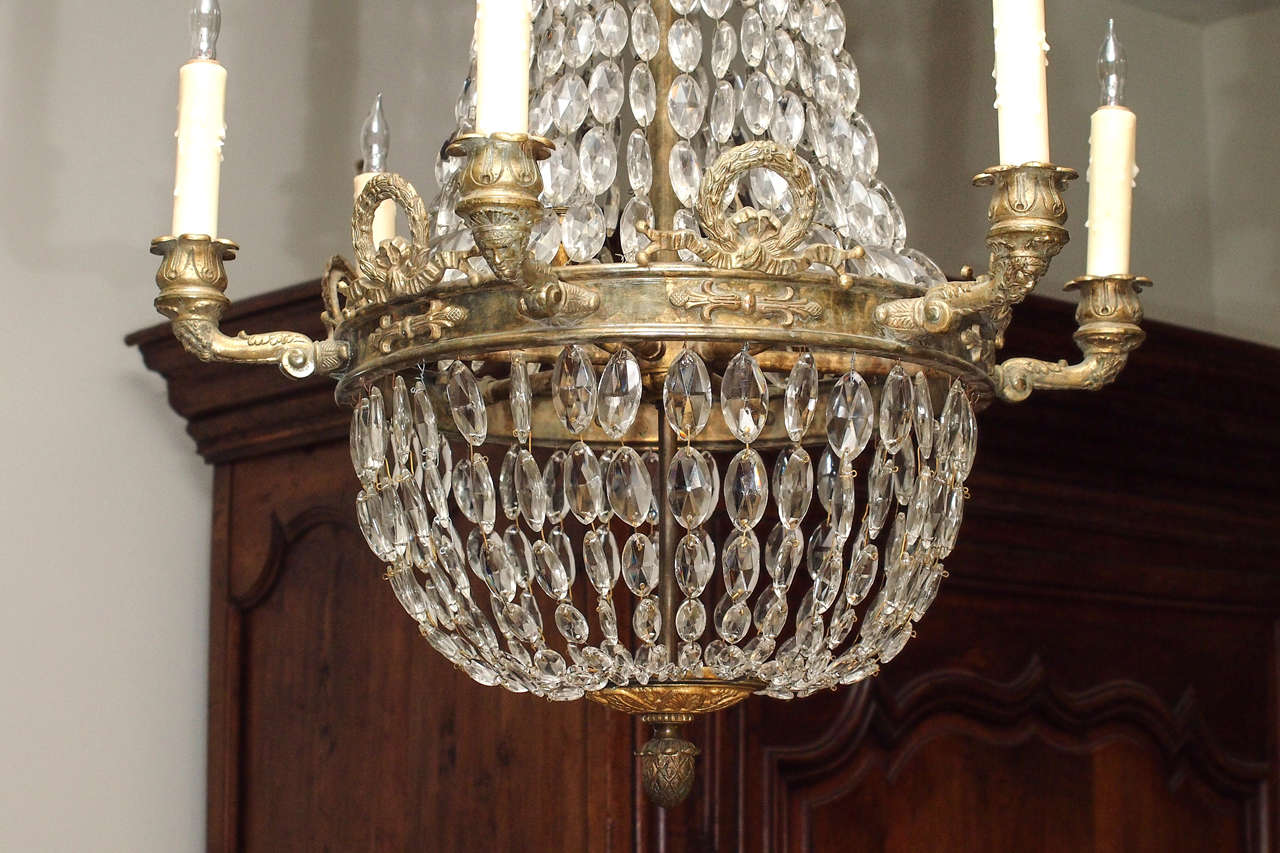 French Bronze and Crystal Empire Chandelier with 6 arms