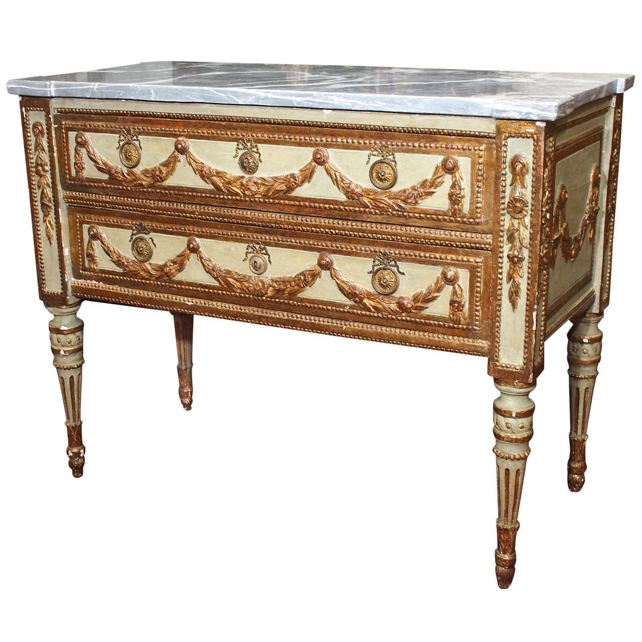 18th c. Lombardy Italian Painted and Parcel Gilt Louis XVI Commode For Sale