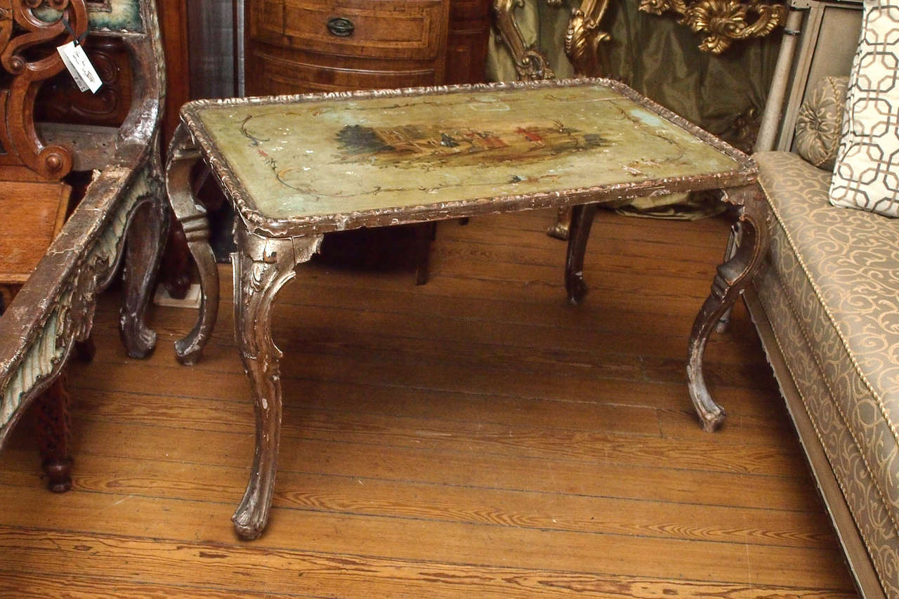 Late 19th c. Italian painted and silver gilt continental height tea table. usable as a coffee table.