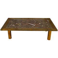 Spectacular Brass and Fossil-Marble Cocktail Table
