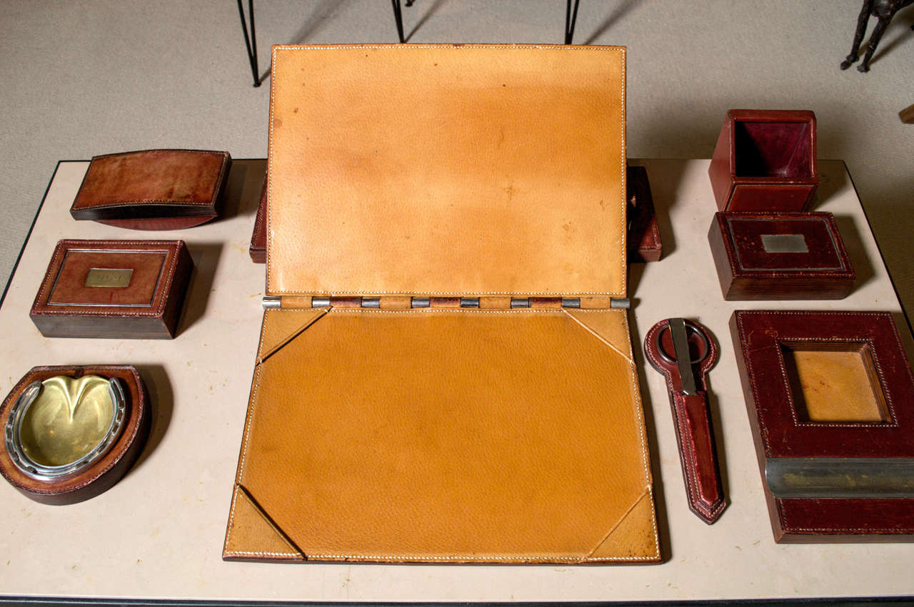 Mid-20th Century Paul Dupré-Lafon/Hermes Leather Desk Set For Sale