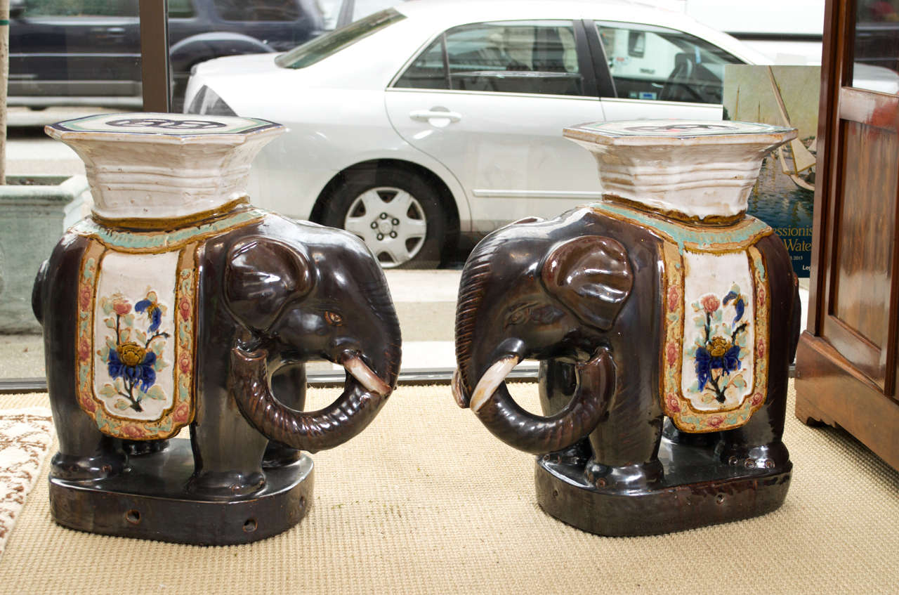 Pair of multi-color glazed ceramic elephant garden stools