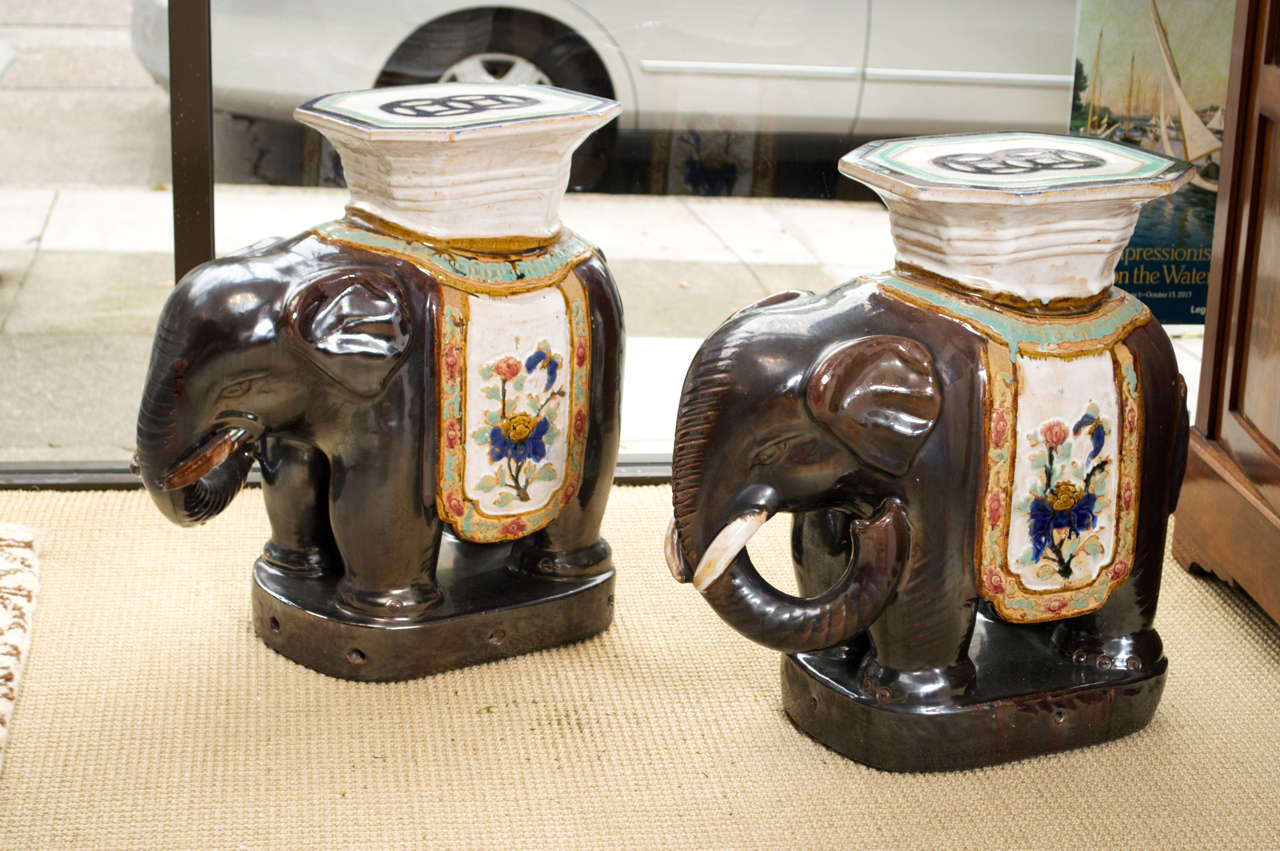 Pair of Vintage Ceramic Elephant Garden Stools For Sale 1