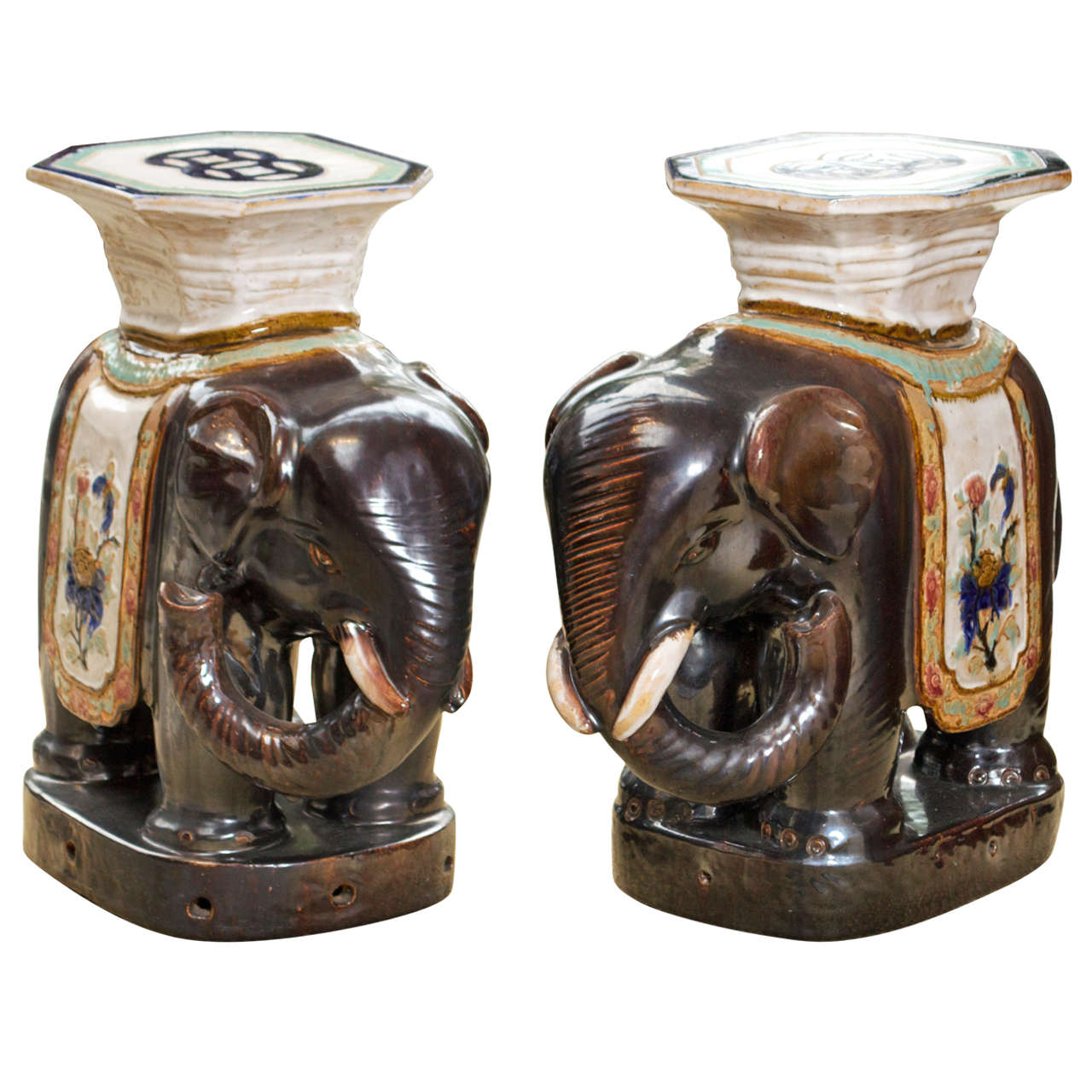 Pair of Vintage Ceramic Elephant Garden Stools For Sale