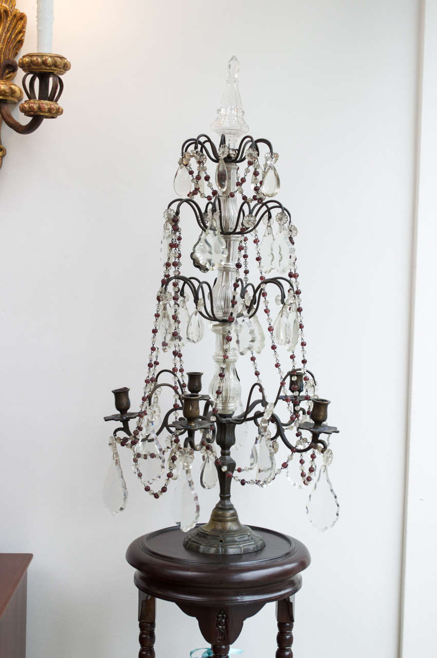 Pair of Wrought Iron and Crystal Girandoles