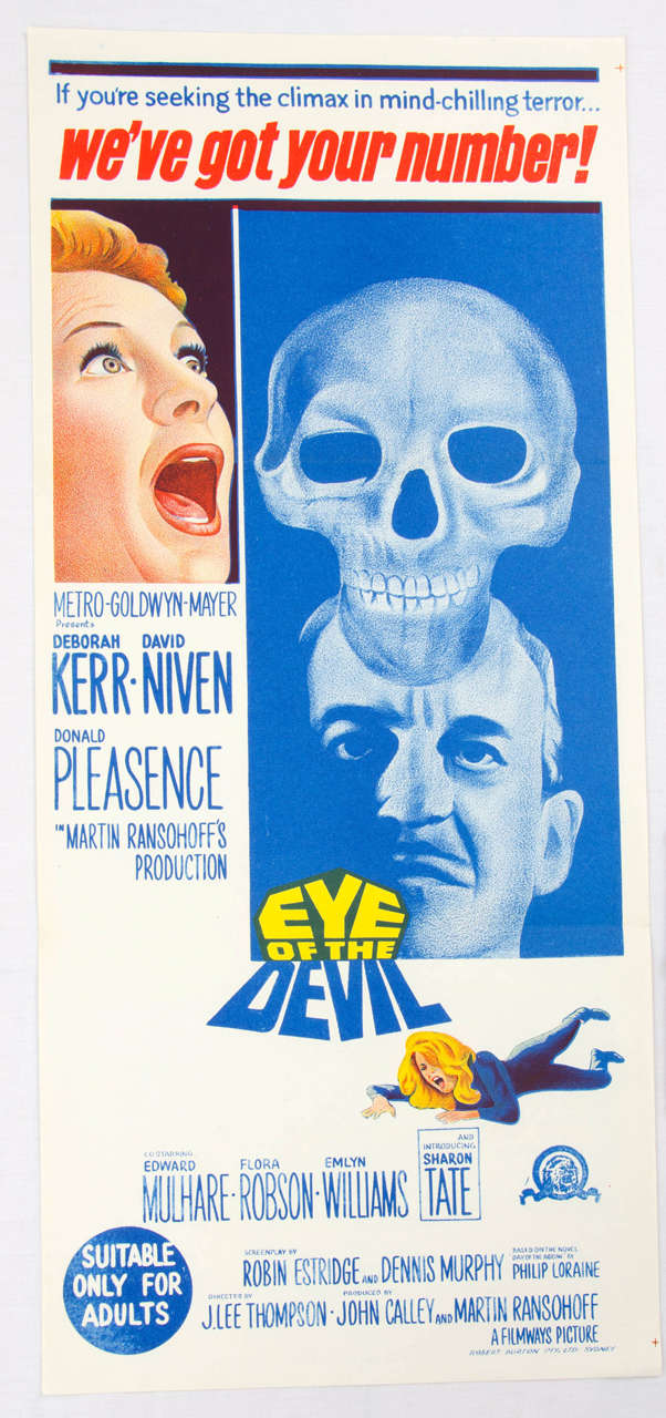 A film poster of the 1966 movie Eye of the Devil, produced for the Australian market. Directed by J Lee Thompson.
Starring Deborah Kerr, David Niven, Donald Pleasance, David Hemmings and Sharon Tate.