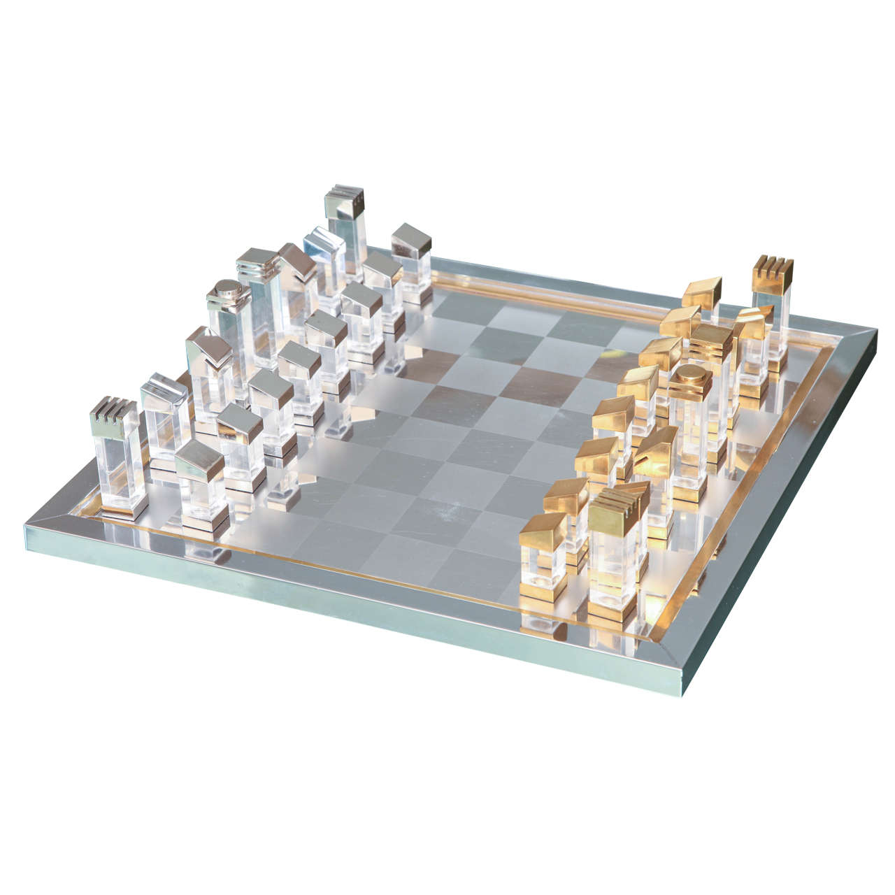 Romeo Rega Chess Set in Lucite, Brass and Chrome