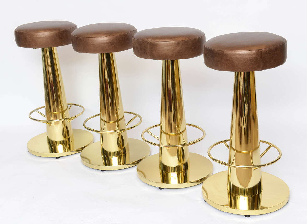 Set of Four Heavy Brass Plated Bar Stools from the Delano Hotel, South Beach
