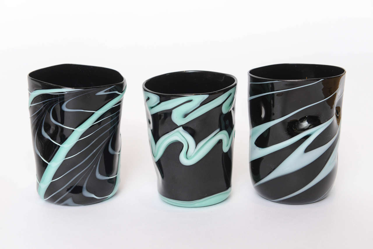 Post-Modern Rare Handblown Black Murano Glass Tumblers, Set of Ten For Sale