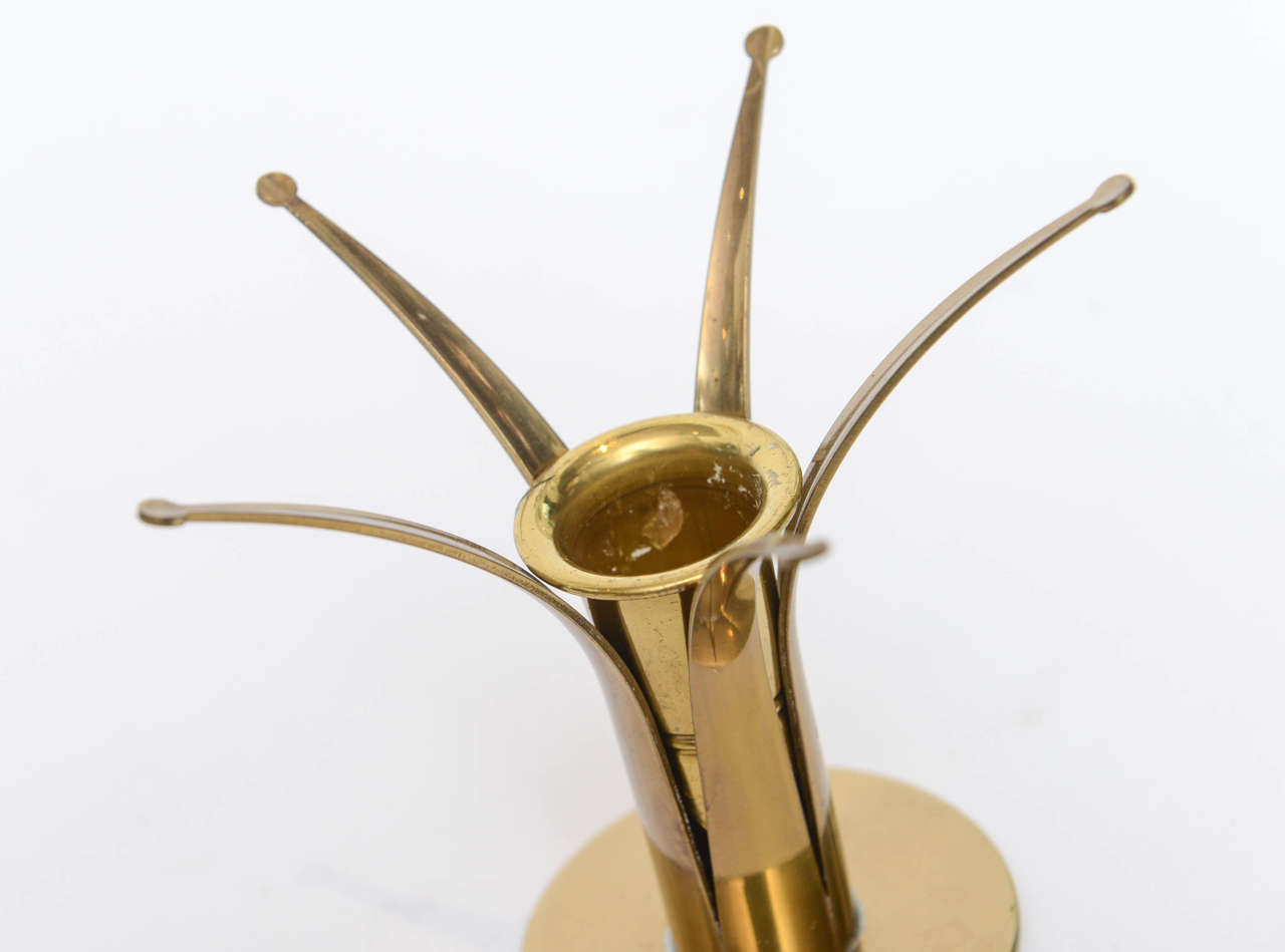 Mid-Century Modern Pair of Swedish Brass Starburst Style Candlesticks For Sale
