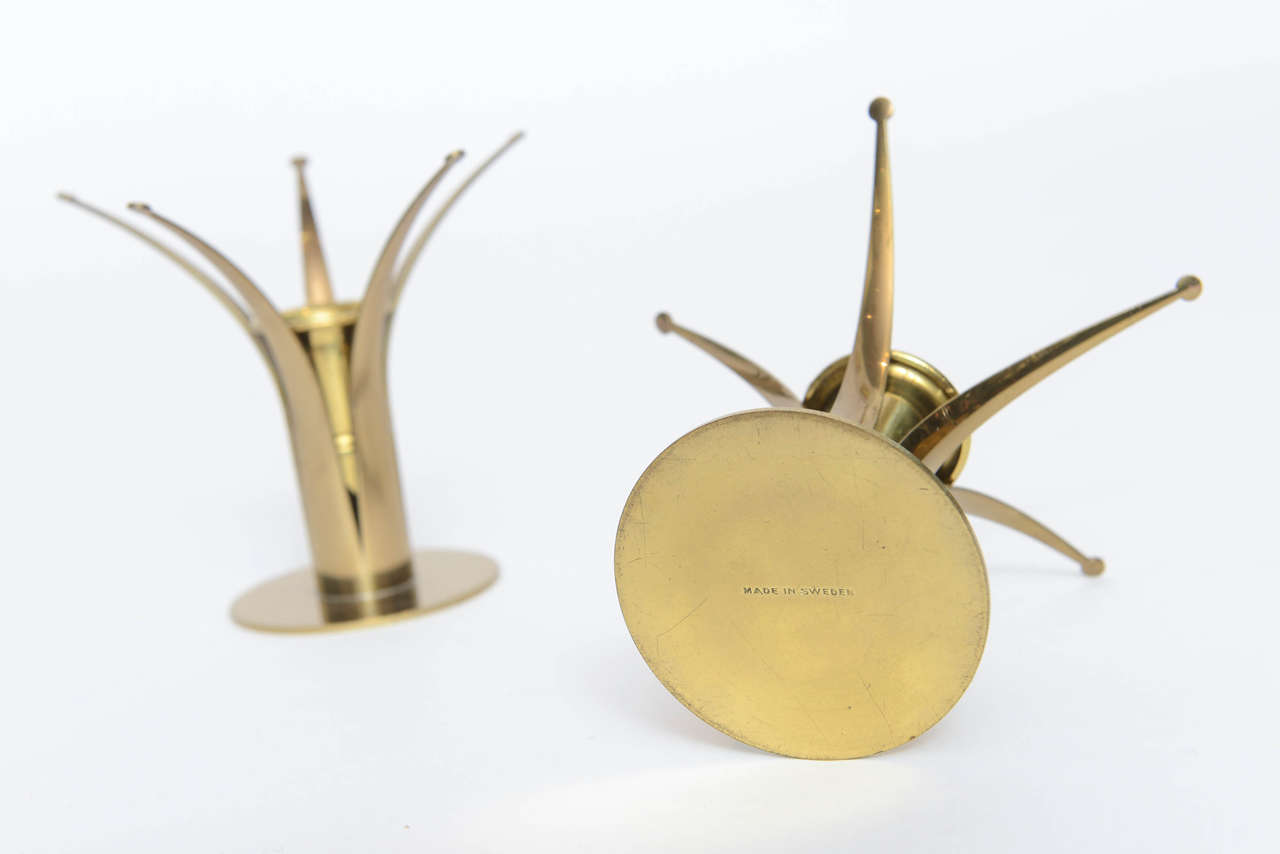 Mid-20th Century Pair of Swedish Brass Starburst Style Candlesticks For Sale