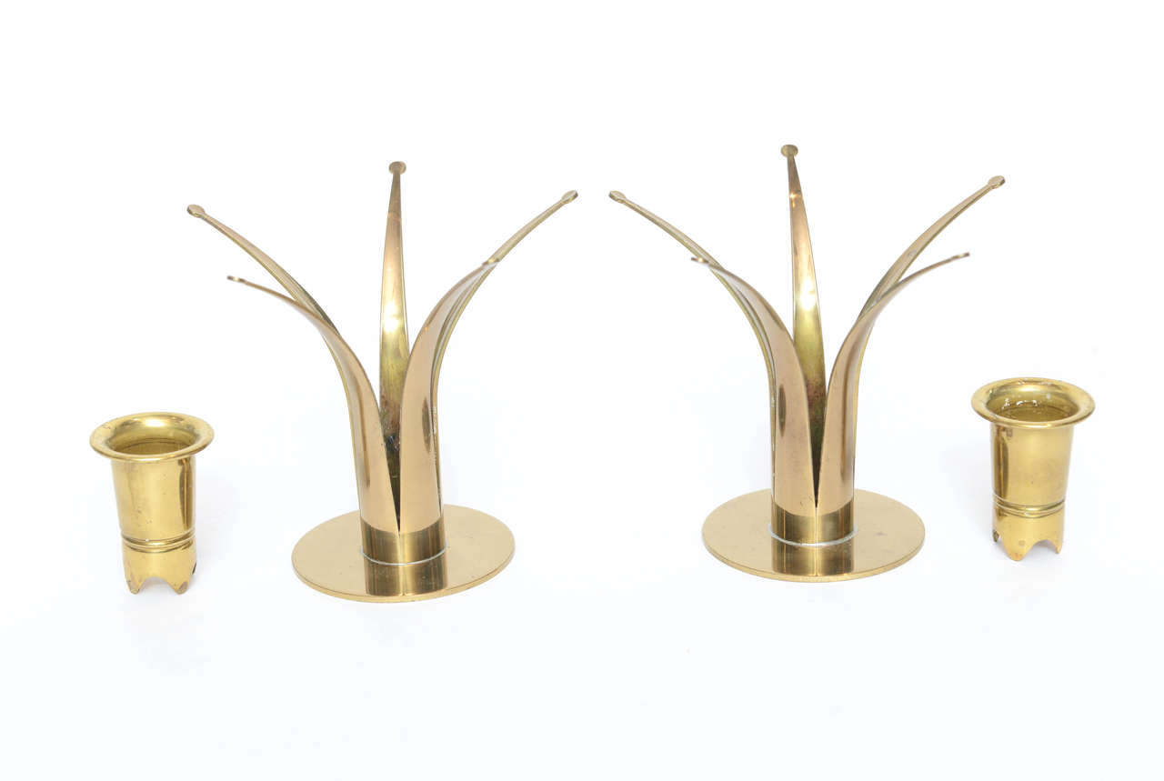 Pair of Swedish Brass Starburst Style Candlesticks For Sale 3