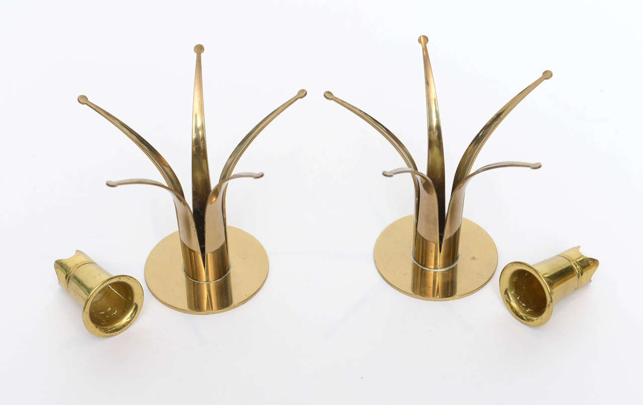 Pair of Swedish Brass Starburst Style Candlesticks For Sale 4