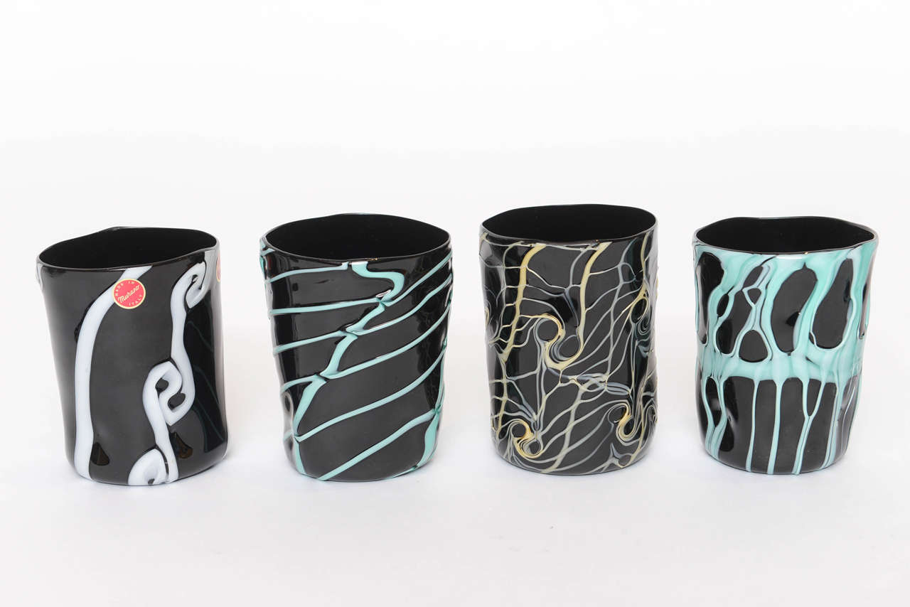 Rare Handblown Black Murano Glass Tumblers, Set of Ten For Sale at