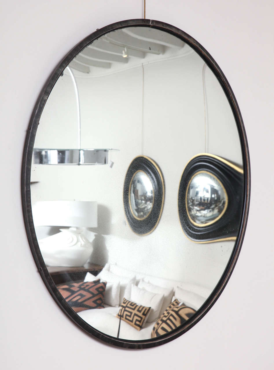 19th Century round convex mirror - stepped iron frame