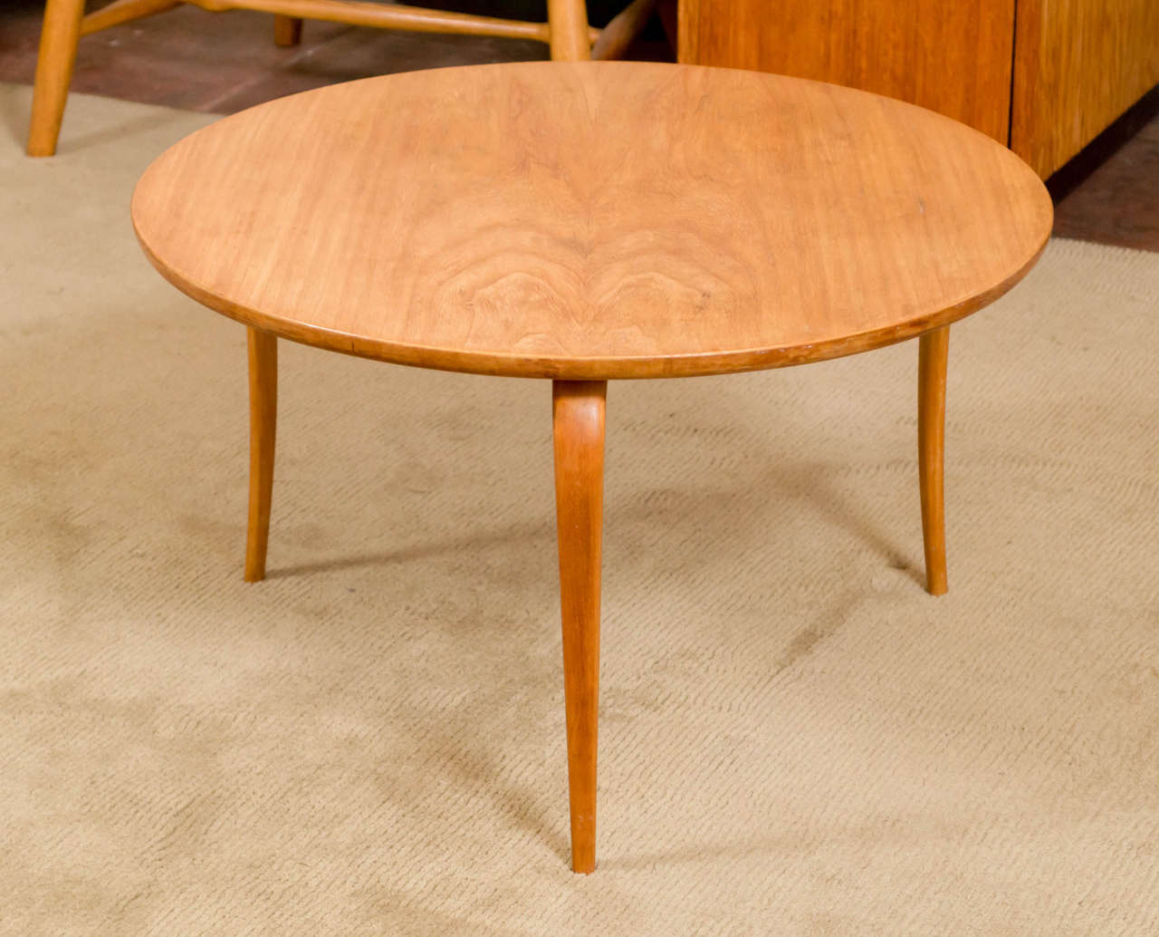 A wonderful example of Bruno Mathsson's work, this three leg side table. From Sweden. Looks to be a Birch, a veneer table top on three bent Birch legs. Very nice original, as found condition. Branded with makers marks/labels.
