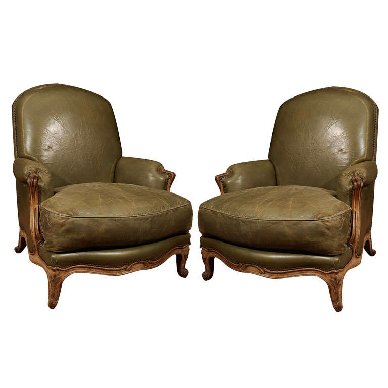 Pair of 1930s Green Leather Upholstered Library Bergeres Stampe